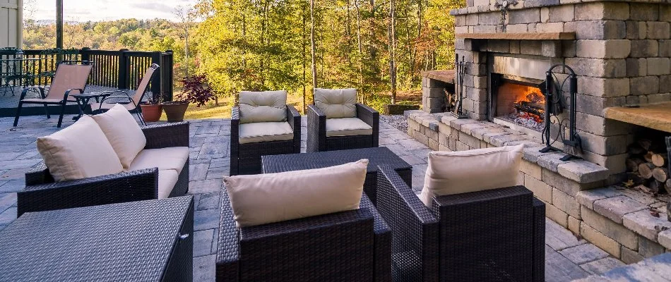 Chairs in front of an outdoor fireplace in St. Charles, MO.