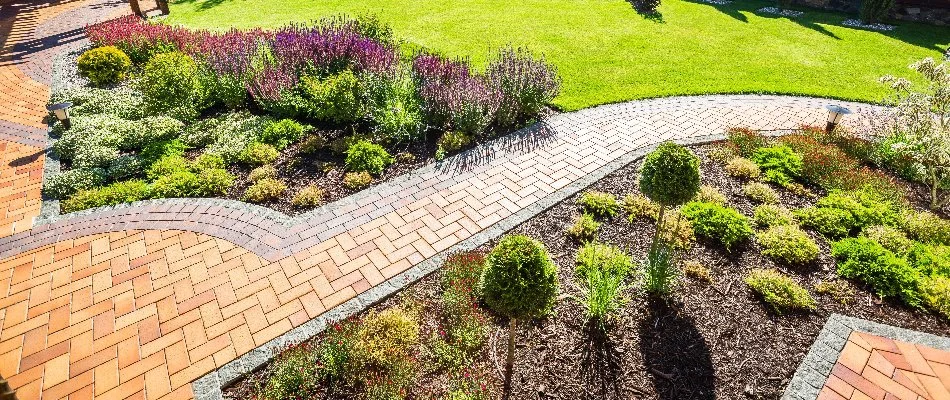 Plants and landscape beds around a walkway in Wentzville, MO.