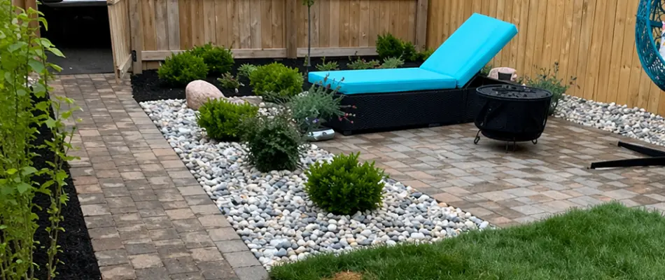 Rock landscape in St. Louis, MO, around a patio.